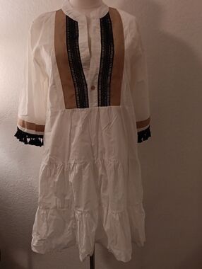 CBR White Tiered Midi Dress with Tan Panels and Black Trim